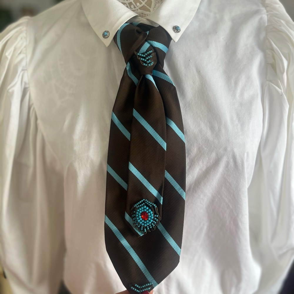 Custom designed Brown and Turquoise Striped women tie , necktie